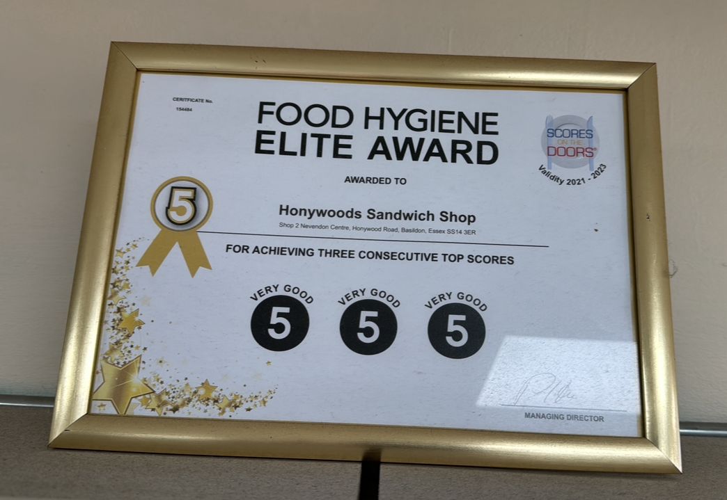 Honywood Sandwich Shop Essex Food Hygiene Elite Award